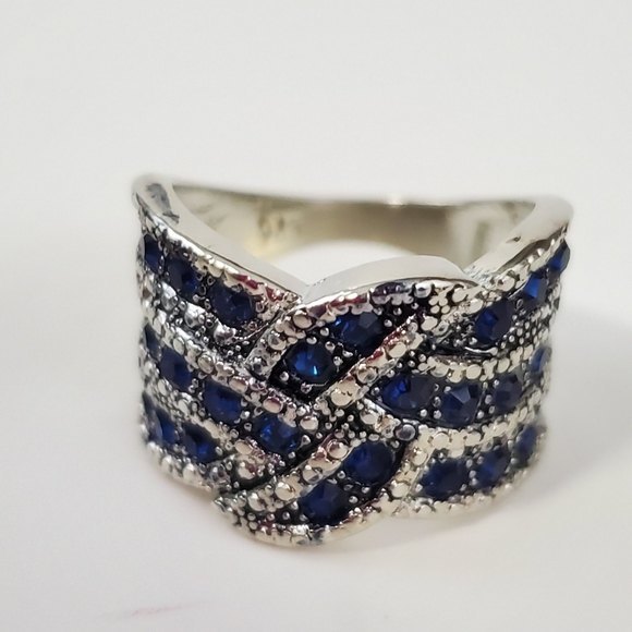 Silver Blue Wide Band Cocktail Ring Size 8 wave Silver Blue Stones - Picture 9 of 11